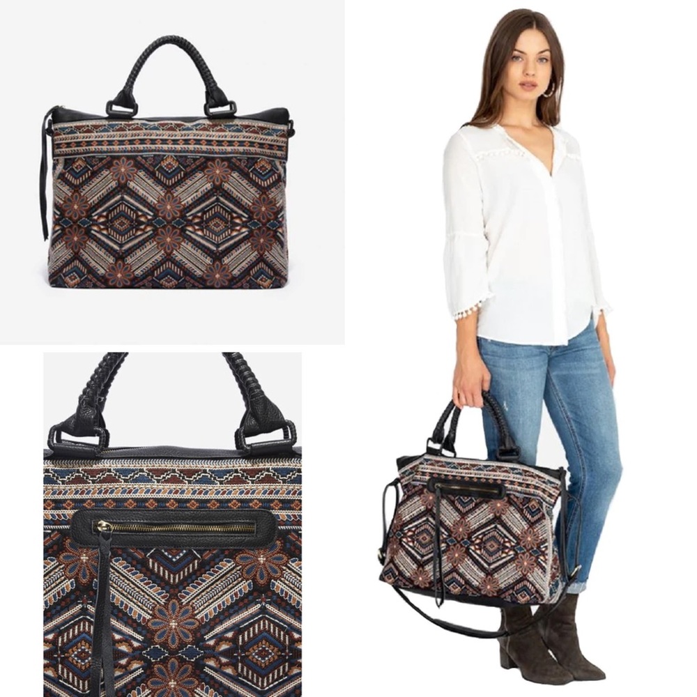 (JWP3) Johnny Was Molly Tote Overnight LARGE Black Denim Weekender Flowe…